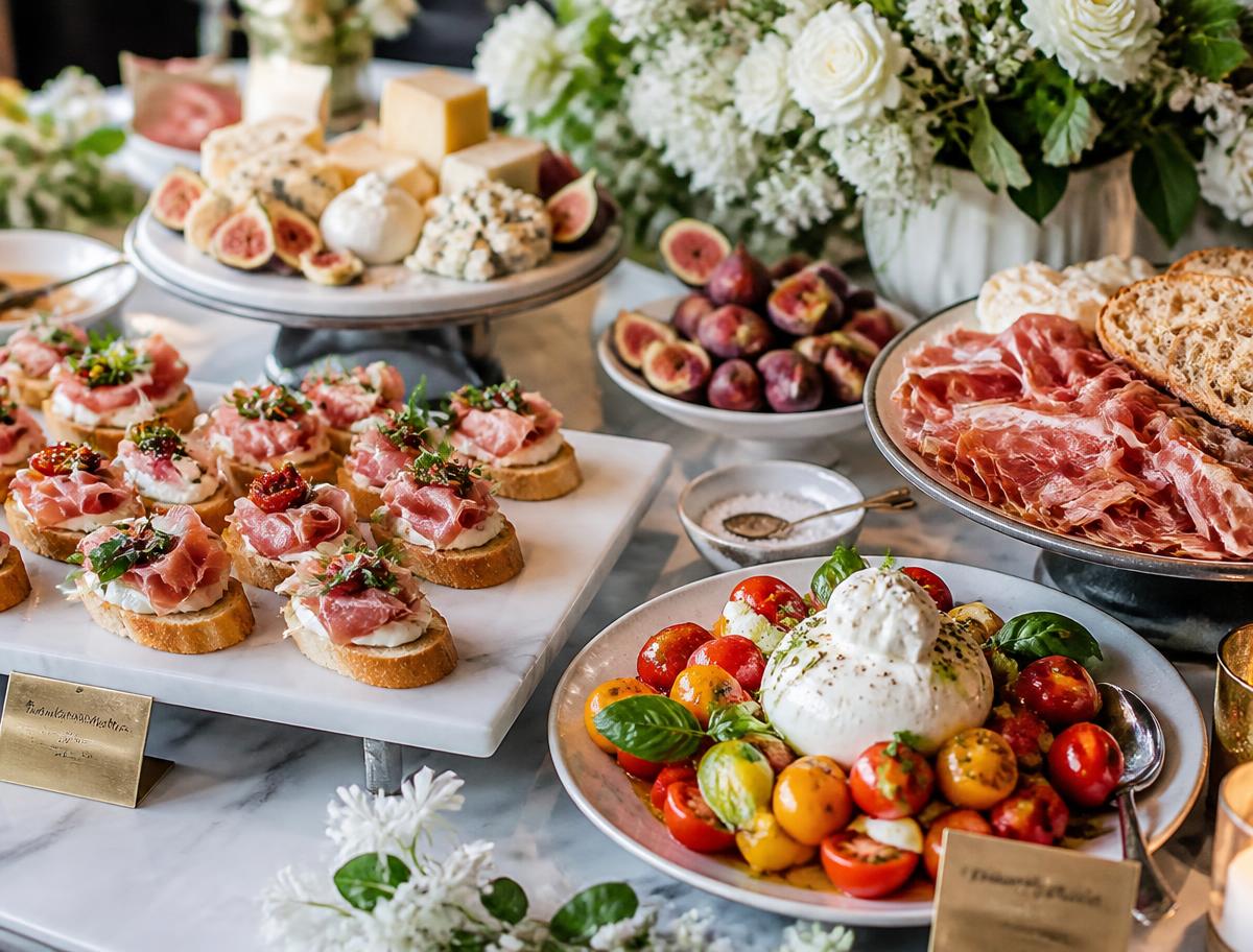 Elegant buffet table with cheeses, fruits, canapés, white flowers and sophisticated décor